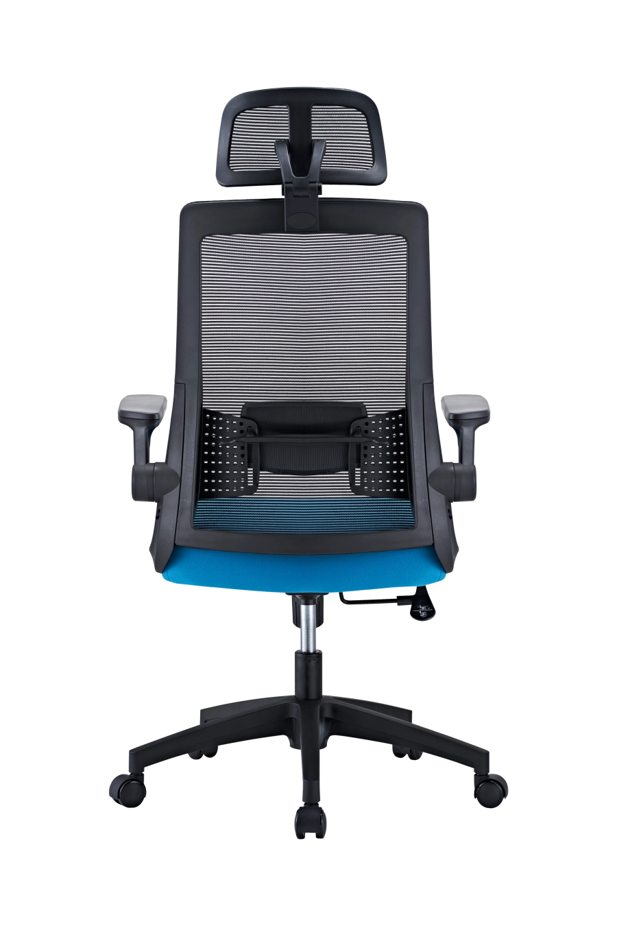 Santander: Bucură-te de aceleași specificații avansate CUSTÓ Santander într-o combinație cromatică energizantă negru-albastru. Tetiera 3D și suportul lombar 2D se reglează intuitiv, iar cotierele „flip-up” facilitează trecerea rapidă de la muncă la relaxare. Spătarul din plasă acrilică răcorește, iar șezutul din spumă poliuritanică distribuie presiunea uniform. Roțile din nailon glisează ușor, protejând podeaua. Ideal pentru spațiile care cer atât funcționalitate, cât și un accent de culoare revigorant.