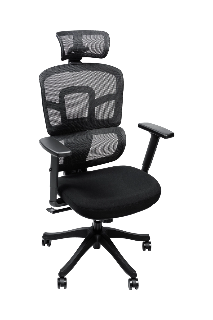 Lyon: CUSTÓ Lyon combină o tetieră 3D ajustabilă și cotiere reglabile, oferind suport precis în zona capului și a antebrațelor. Spătarul din plasă acrilică permite circulația aerului, în timp ce șezutul din spumă de densitate înaltă amortizează presiunea. Suportul lombar fix păstrează curba naturală a spatelui, favorizând o postură sănătoasă. Roțile din nailon se mișcă ușor pe podele dure, păstrând liniștea în birou. Designul all-black întărește ideea de profesionalism și se potrivește birourilor moderne.