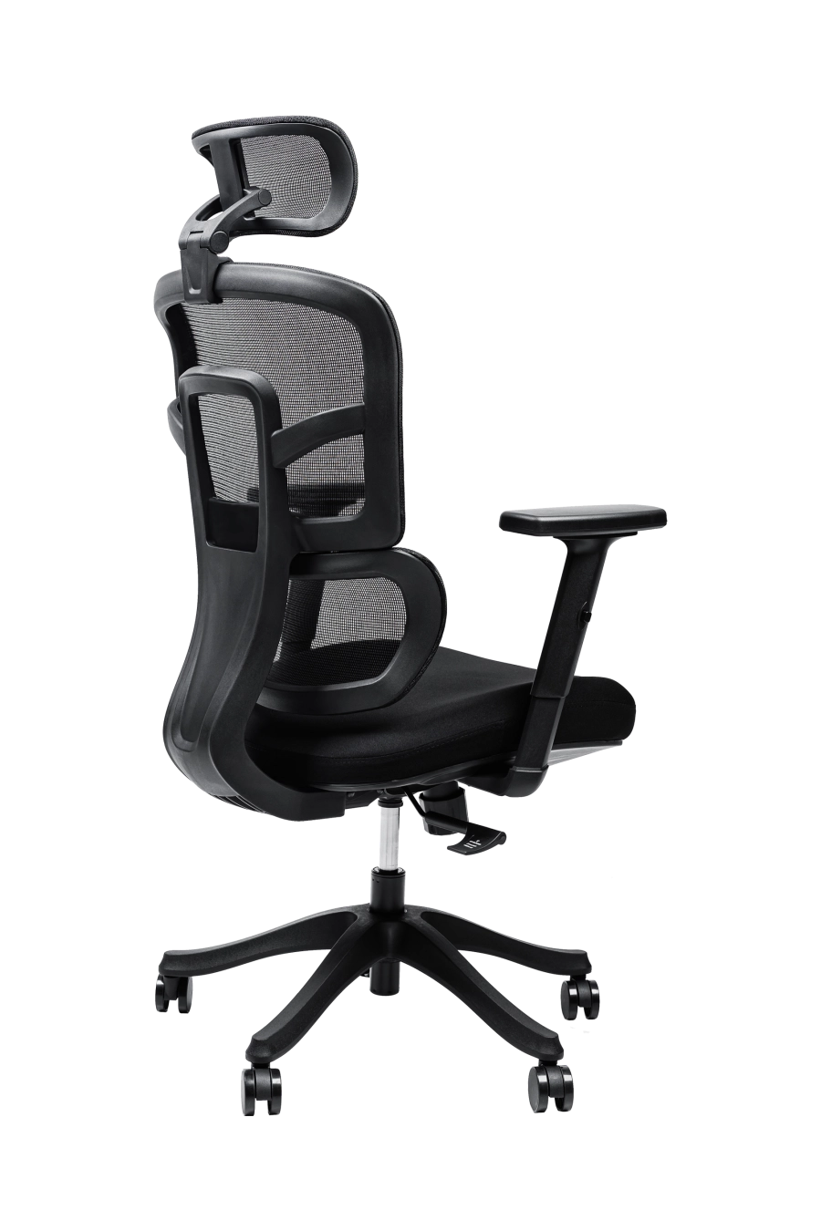 Lyon: CUSTÓ Lyon combină o tetieră 3D ajustabilă și cotiere reglabile, oferind suport precis în zona capului și a antebrațelor. Spătarul din plasă acrilică permite circulația aerului, în timp ce șezutul din spumă de densitate înaltă amortizează presiunea. Suportul lombar fix păstrează curba naturală a spatelui, favorizând o postură sănătoasă. Roțile din nailon se mișcă ușor pe podele dure, păstrând liniștea în birou. Designul all-black întărește ideea de profesionalism și se potrivește birourilor moderne.