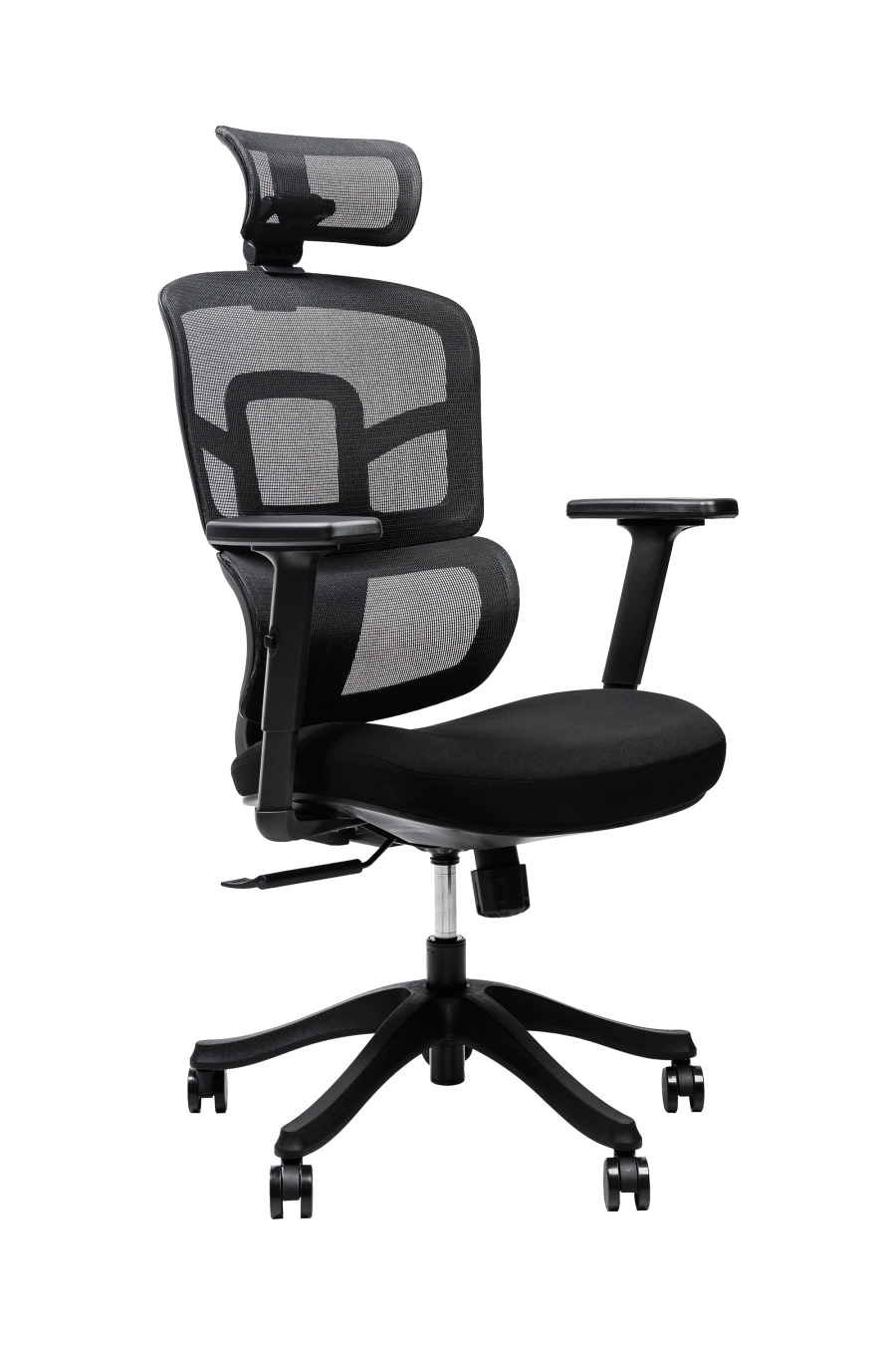 Lyon: CUSTÓ Lyon combină o tetieră 3D ajustabilă și cotiere reglabile, oferind suport precis în zona capului și a antebrațelor. Spătarul din plasă acrilică permite circulația aerului, în timp ce șezutul din spumă de densitate înaltă amortizează presiunea. Suportul lombar fix păstrează curba naturală a spatelui, favorizând o postură sănătoasă. Roțile din nailon se mișcă ușor pe podele dure, păstrând liniștea în birou. Designul all-black întărește ideea de profesionalism și se potrivește birourilor moderne.