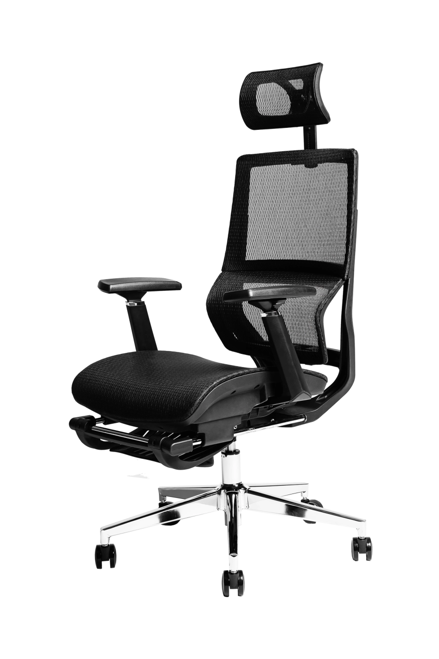 Bologna: Cu suport extensibil pentru picioare și reglaj de înălțime a spătarului, CUSTÓ Bologna transformă pauzele scurte în momente de relaxare reală. Șezutul din plasă elastomerică și spătarul din plasă acrilică asigură ventilație continuă. Suportul lombar reglabil și tetiera 2D se adaptează formei tale, iar brațele 3D pot fi ajustate în fiecare direcție. Șezutul glisant și mecanismul sincron mențin postura corectă în sarcini diverse. Roțile din plastic alunecă ușor, iar finisajul negru se potrivește spațiilor high-tech.