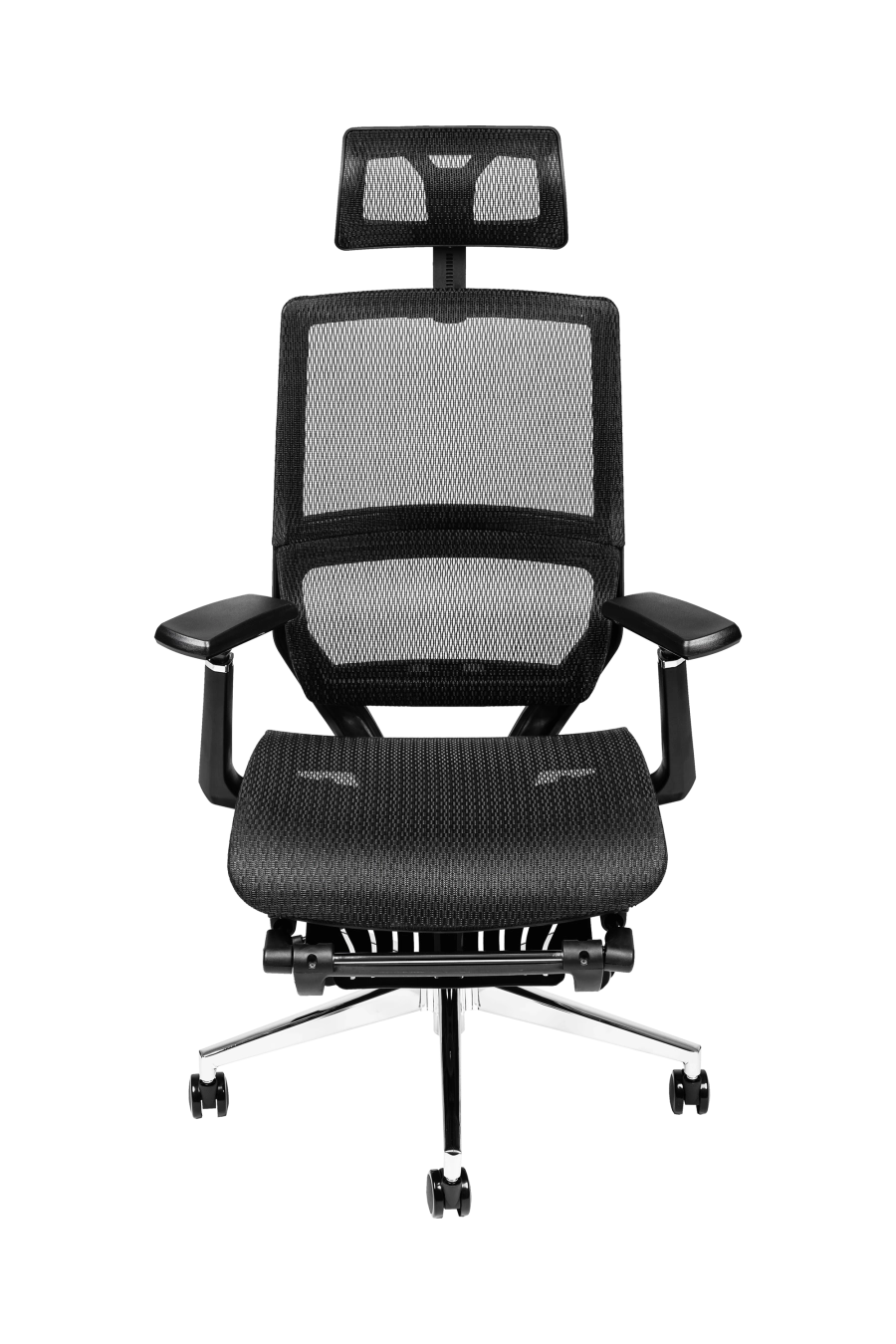 Bologna: Cu suport extensibil pentru picioare și reglaj de înălțime a spătarului, CUSTÓ Bologna transformă pauzele scurte în momente de relaxare reală. Șezutul din plasă elastomerică și spătarul din plasă acrilică asigură ventilație continuă. Suportul lombar reglabil și tetiera 2D se adaptează formei tale, iar brațele 3D pot fi ajustate în fiecare direcție. Șezutul glisant și mecanismul sincron mențin postura corectă în sarcini diverse. Roțile din plastic alunecă ușor, iar finisajul negru se potrivește spațiilor high-tech.