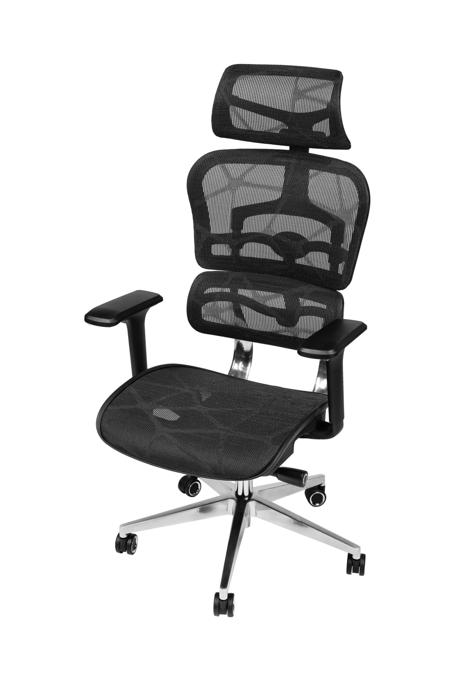 Torino: CUSTÓ Torino aduce ergonomie completă: spătar și șezut din plasă elastomerică pentru răcire constantă, spătar reglabil pe înălțime și șezut glisant pentru adâncime personalizată. Suportul lombar ajustabil reduce presiunea de pe coloană, iar tetiera 3D elimină tensiunea din zona cervicală. Cotierele 3D se adaptează tastării, prezentărilor și momentelor de relaxare. Mecanismul sincron urmărește mișcările naturale ale corpului, menținând postura corectă. Roțile din poliuretan alunecă silențios, protejând pardoseala. Finisajul negru sobru se potrivește oricărui decor corporativ.