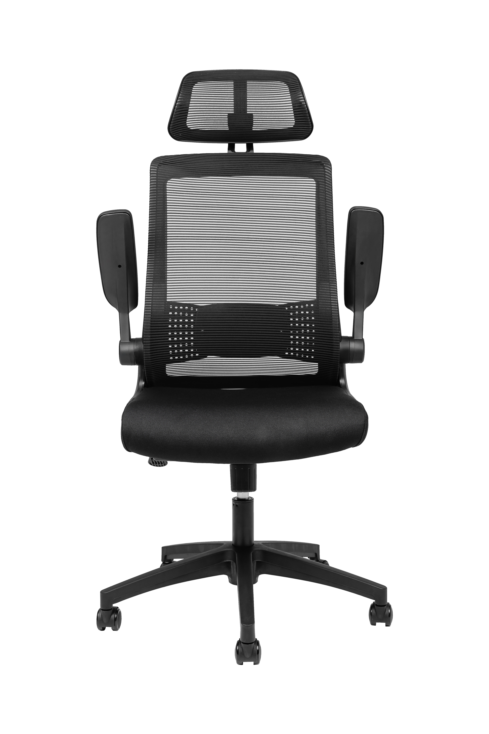 Santander: fotoliu pentru oficiu, rotativ, șezut tapițat cu textil, spătar din plasă acrilică, tetieră reglabilă 3D, suport lombar reglabil 2D, cotiere reglabile flip-up, roți din nailon, negru