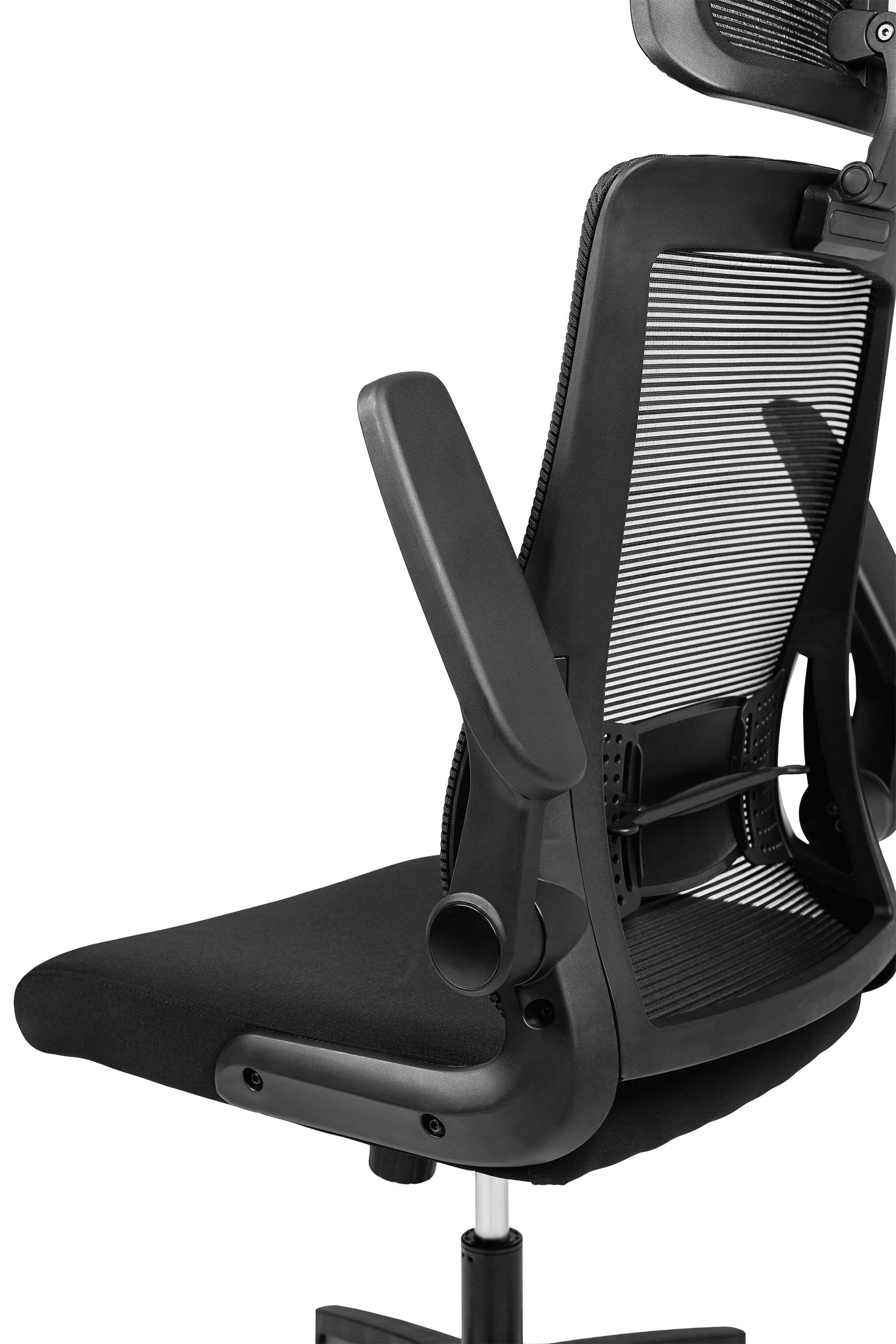 Santander: fotoliu pentru oficiu, rotativ, șezut tapițat cu textil, spătar din plasă acrilică, tetieră reglabilă 3D, suport lombar reglabil 2D, cotiere reglabile flip-up, roți din nailon, negru