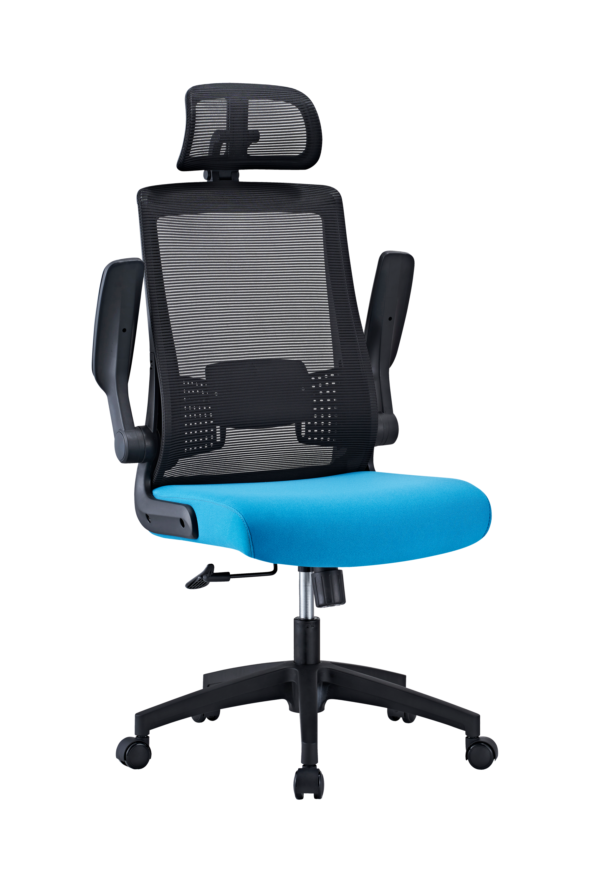 Santander: fotoliu pentru oficiu, rotativ, șezut tapițat cu textil, spătar din plasă acrilică, tetieră reglabilă 3D, suport lombar reglabil 2D, cotiere reglabile flip-up, roți din nailon, negru - albastru
