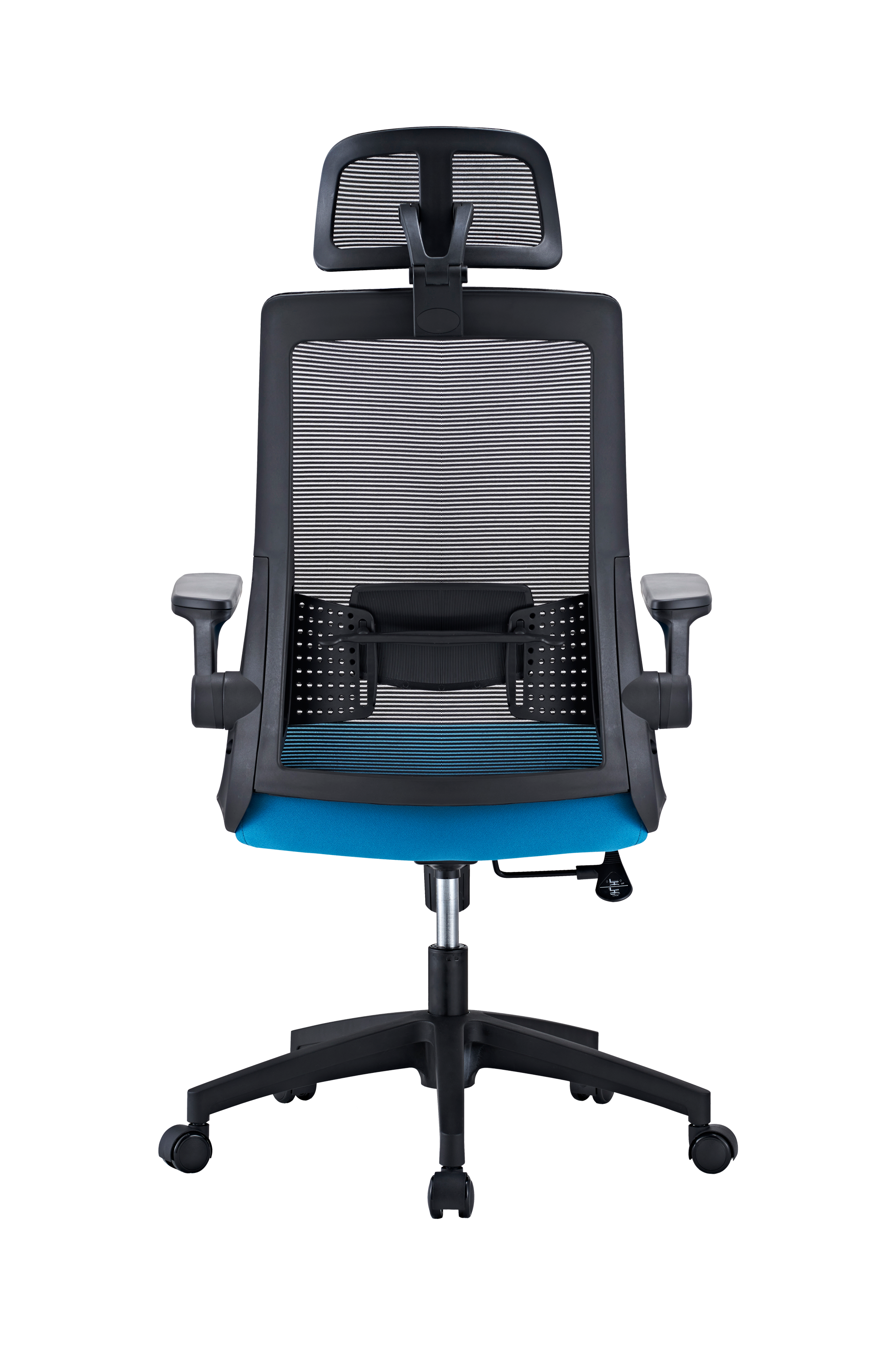 Santander: fotoliu pentru oficiu, rotativ, șezut tapițat cu textil, spătar din plasă acrilică, tetieră reglabilă 3D, suport lombar reglabil 2D, cotiere reglabile flip-up, roți din nailon, negru - albastru