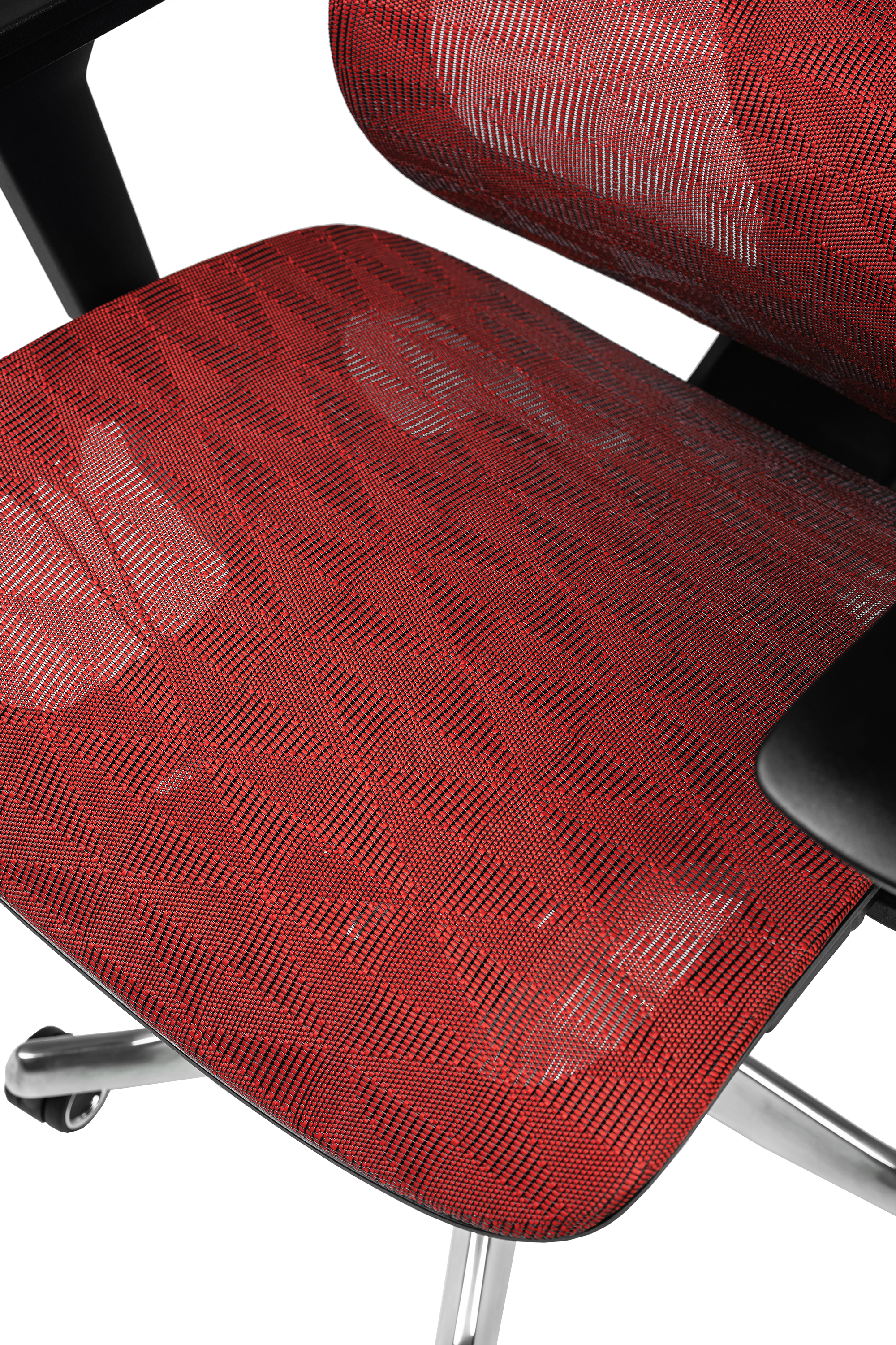 Porto: fotoliu pentru oficiu, rotativ, șezut din plasă elastomerică, spătar din plasă elastomerică, suport lombar reglabil, tetieră reglabilă 3D, cotiere reglabile 3D, roți din poliuretan, roșu
