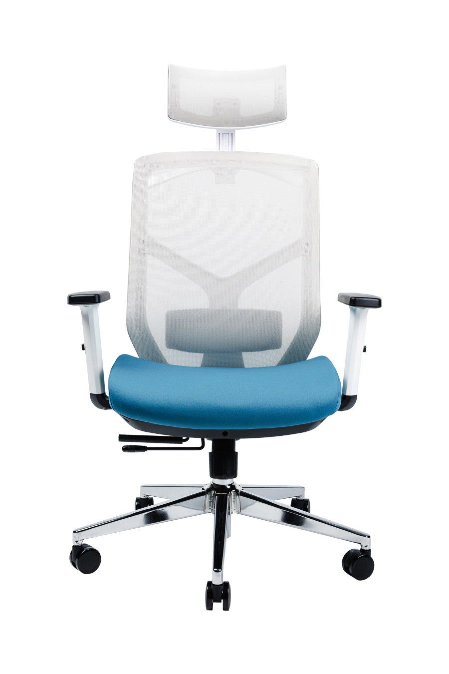 Nitra: CUSTÓ Nitra îți oferă reglaje complete: suport lombar 2D, tetieră 2D și șezut glisant pentru ajustarea adâncimii. Spătarul din plasă acrilică respiră, iar șezutul textil albastru  cu memorie distribuie uniform presiunea. Brațele reglabile pe înălțime mențin antebrațele într-un unghi corect la tastatură. Baza rotativă cu roți din poliuretan protejează podeaua și asigură mobilitate fără zgomot. Designul bicolor adaugă personalitate unui open-space modern, menținând în același timp standarde ergonomice ridicate.