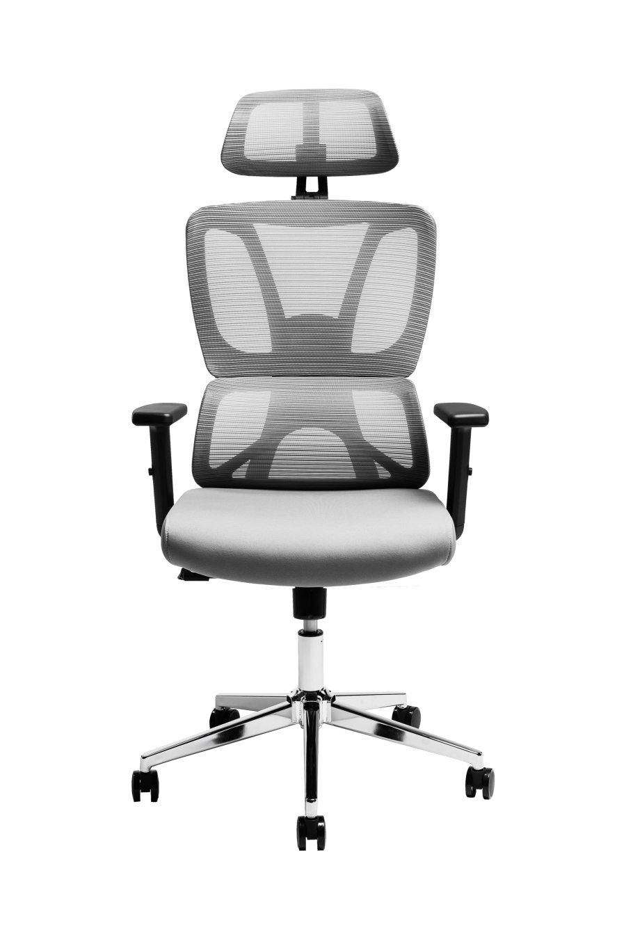 Cordoba: CUSTÓ Cordoba combină eleganţa minimalistă cu ergonomia avansată: şezutul tapitat din stofă conferă confort imediat, iar spătarul din plasă elastomerică asigură o ventilaţie eficientă pe durata întregii zile de lucru. Tetiera reglabilă 3D îţi permite ajustări fine în înălţime, adâncime şi unghi, pentru o susţinere optimă a capului şi gâtului. Suportul lombar fix menţine postura corectă fără efort suplimentar. Cotierele ajustabile pe înălţime se pliază pe nevoile tale — fie în intervale de concentrare, fie în momente de relaxare la birou. Mecanismul sincron cu blocare într-o poziţie şi baza stelată din oţel cromat, împreună cu rolele din poliuretan, garantează mobilitate lină şi stabilitate solidă pe diferite tipuri de suprafeţe. Culoarea gri adaugă o notă sobru-executivă, perfect integrabil în spaţii profesionale unde stilul şi confortul merg mână în mână.